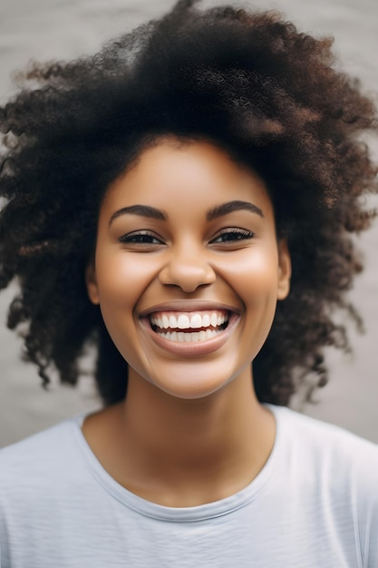smiling woman with afro hair and blue shirt looking at camera Generative AI