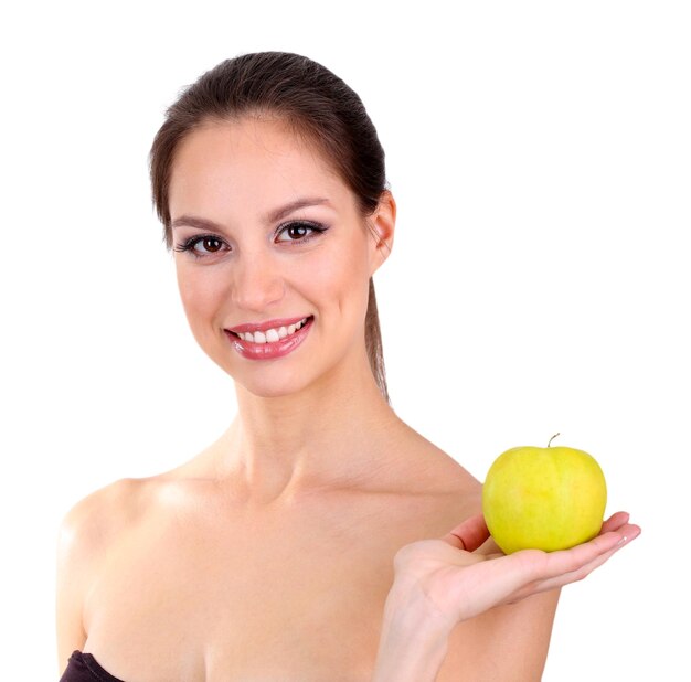 Smiling woman with apple isolated on white