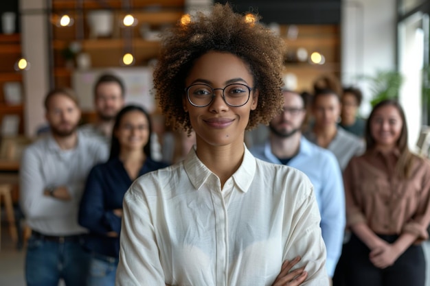 smiling woman with arms crossed in front of a group of people