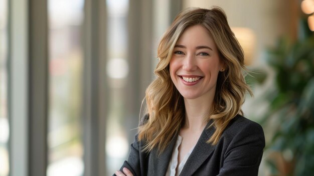 Photo smiling woman with arms crossed in front of window