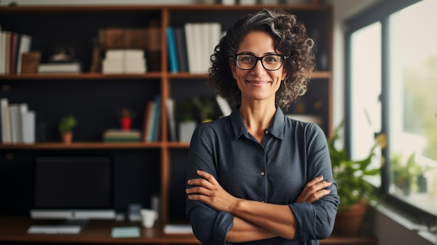 Smiling Woman with Arms Crossed Stands at Her Home Office