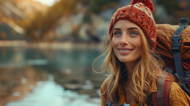 Smiling Woman With Backpack Looks at Camera