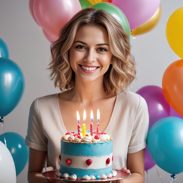 Premium Photo Smiling woman with birthday cake and balloons