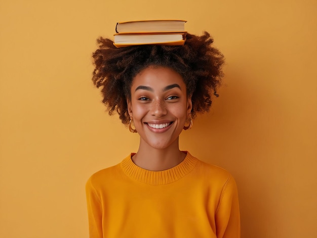 A smiling woman with books on her head