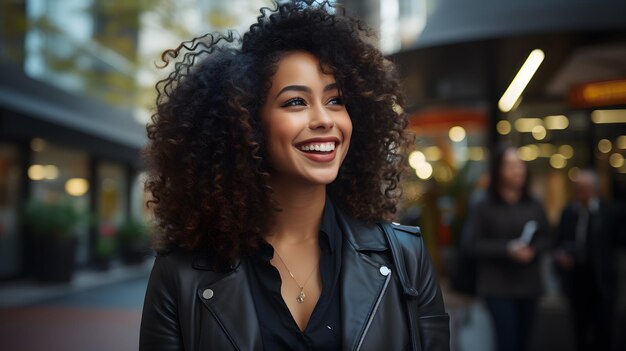 smiling woman with curly hair and black leather jacket on a city street Generative AI