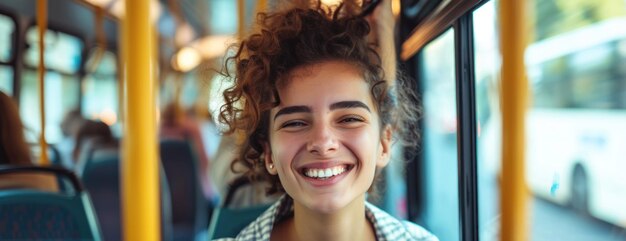 Photo smiling woman with curly hair on bus