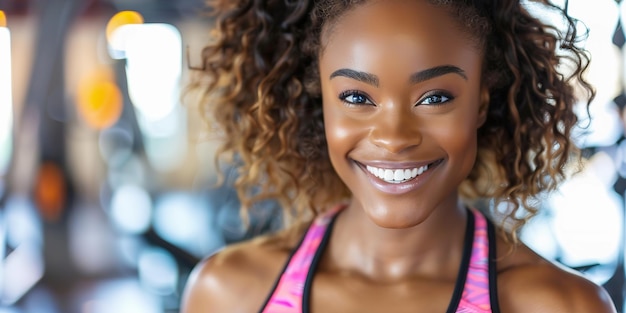 Smiling woman with curly hair at the gym vibrant