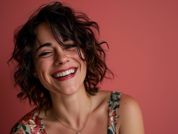 Smiling woman with curly hair on pink background