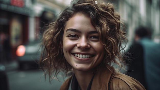 A smiling woman with curly hair smiles in a street.