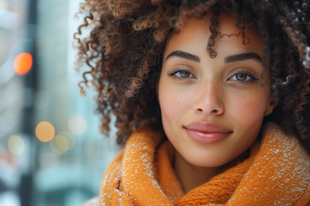 Smiling Woman With Curly Hair Wearing an Orange Scarf on a Snowy Day