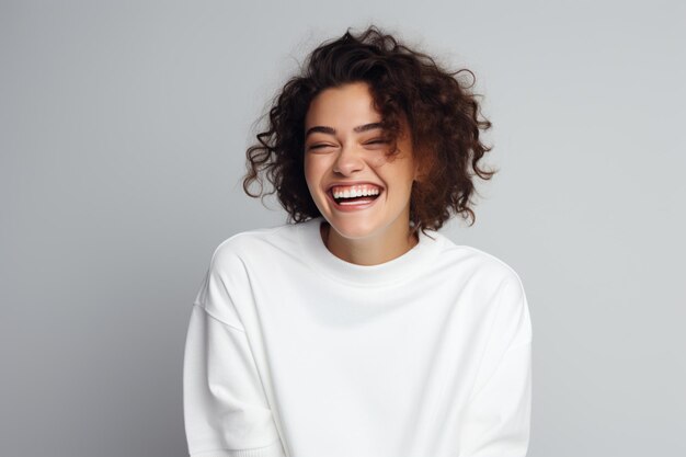 Photo smiling woman with curly hair and white shirt on sitting on a stool generative ai