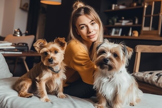 ベッドに座っている犬と微笑む女性