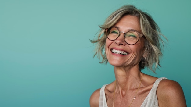 A smiling woman with glasses on a blue background