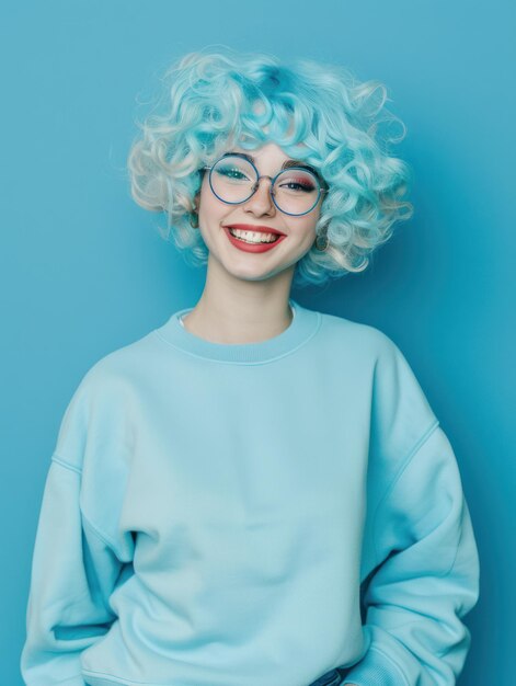 smiling woman with glasses and a red sweatshirt on