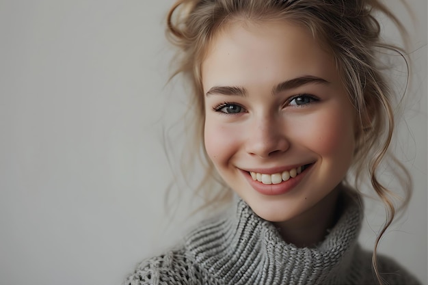 Smiling Woman with Gray Sweater Blonde Hair