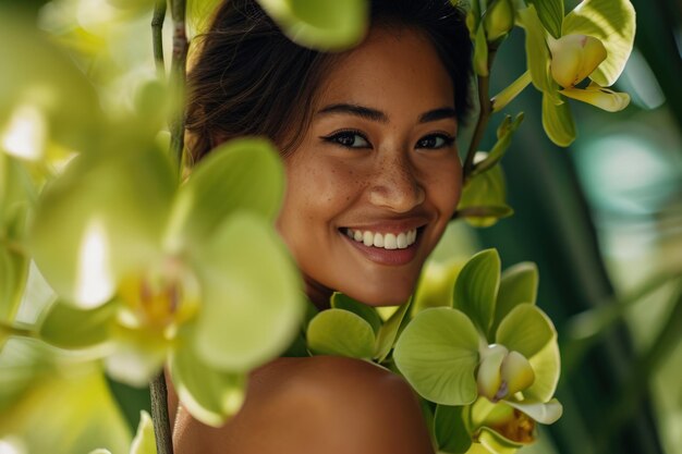 Photo smiling woman with green flowers in hair