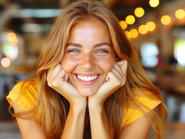 Photo smiling woman with hands on face