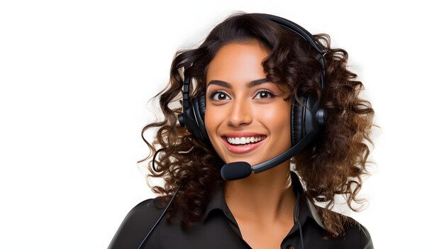 Photo smiling woman with headset on with a microphone in her hand generative ai