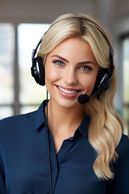 Smiling woman with headset working in a call center A girl with a microphone and headphones consults clients