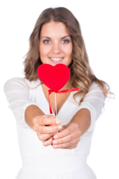 Smiling woman with heart, isolated