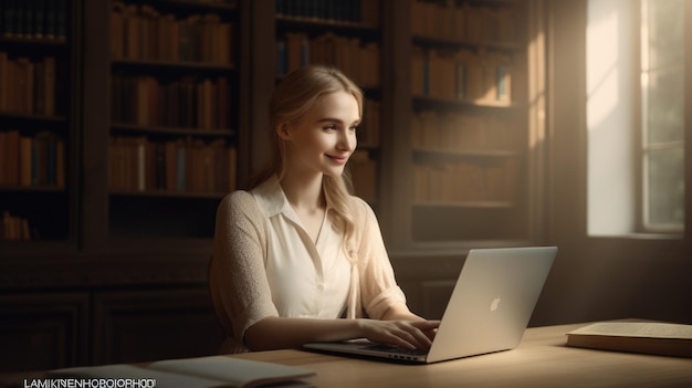 Smiling woman with laptop and book working for a company in a library Generative AI AIG21