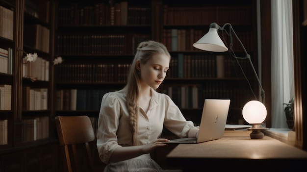 Smiling woman with laptop and book working for a company in a library Generative AI AIG21