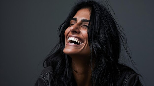 Photo a smiling woman with long black hair laughing