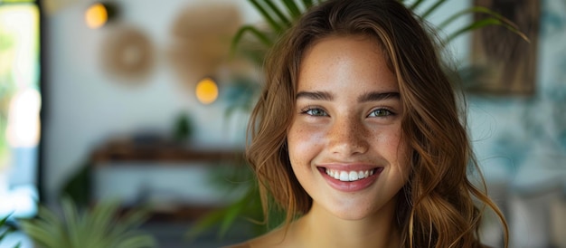 Foto donna sorridente con i capelli lunghi