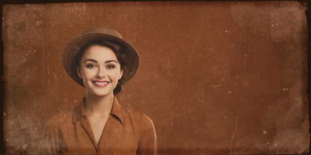 smiling woman with oldfashioned style isolated on vintage grunge background with copy space