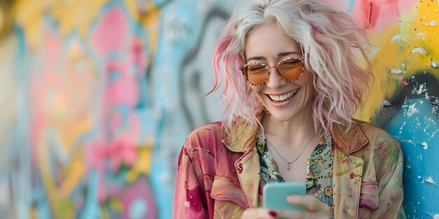 화려한 벽화 생성 AI에 의해 전화를 가진 미소 짓는 여성