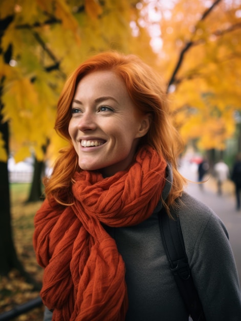 улыбающаяся женщина с рыжими волосами в осеннем парке