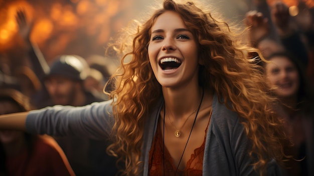 улыбающаяся женщина с рыжими волосами и серым кардиганом Генеративный ИИ