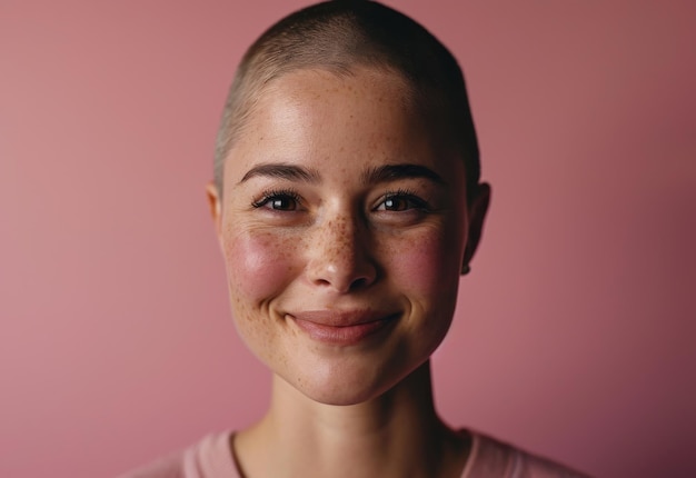 Smiling Woman With Shaved Head Looking at the Camera
