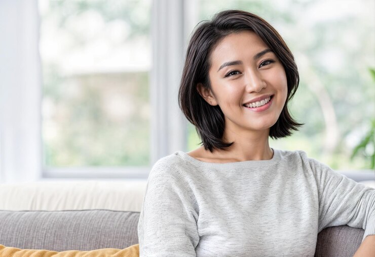 ソファに座っている短い黒いの笑顔の女性