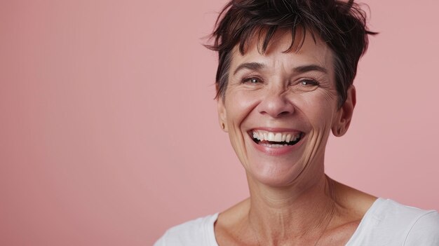 A smiling woman with short hair on a pink background