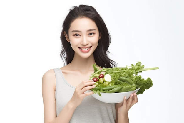 Smiling woman with vegetables and salad