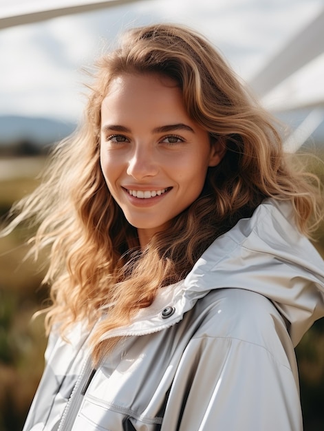 Photo smiling woman with wavy hair outdoors