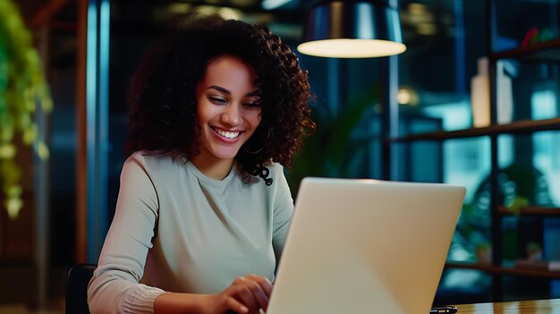 Smiling Woman Working on Laptop Computer Generative AI