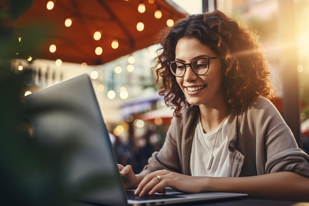 Smiling woman working on laptop working with laptop with Generative AI