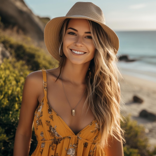 smiling woman in yellow dress and hat at the beach