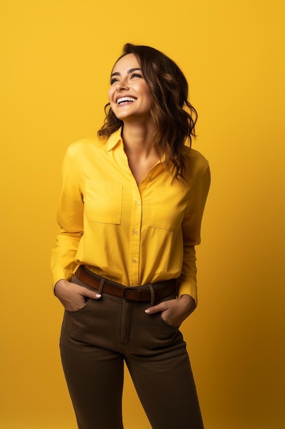 노란 셔츠와 갈색 바지를 입고 사진을 위해 포즈를 취하는 웃는 여자