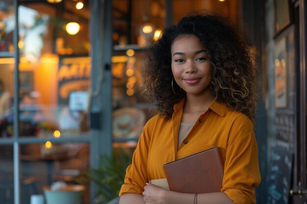 Photo smiling woman in yellow shirt holding a brown folder outside a restaurant generative ai