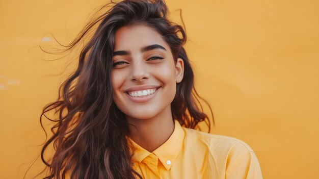 A smiling woman in yellow shirt