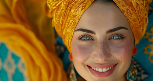 a smiling woman in a yellow turkish turban