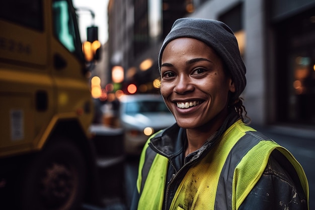 Smiling woman in a yellow vest and black hat standing in the street generative ai