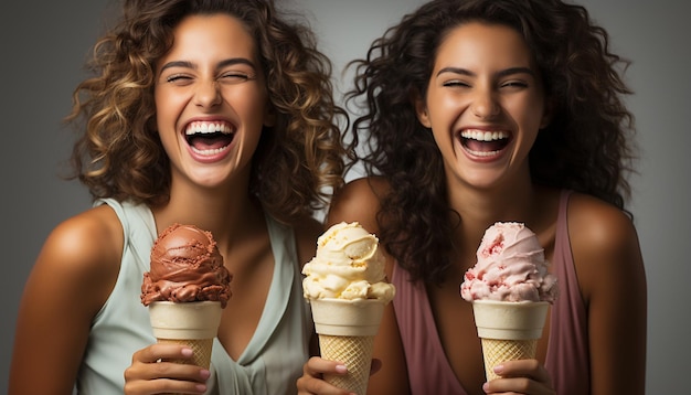 Foto donne sorridenti che si godono il gelato giovani adulti che si divertono generati dall'intelligenza artificiale