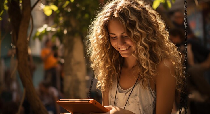 फोटो smiling women enjoying nature sitting outdoors reading on digital tablet generated by artificial intelligence