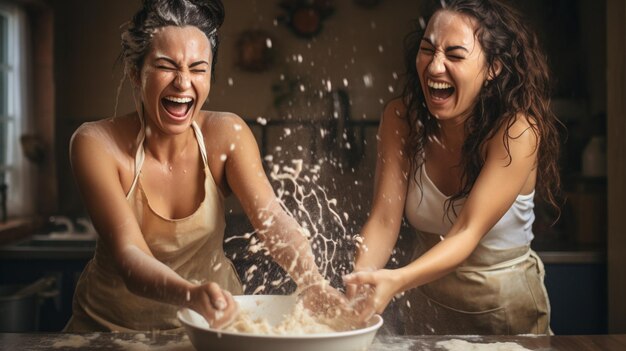 Foto donne sorridenti che impastano la pasta che spruzza acqua fresca