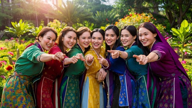 Smiling women pointing at camera