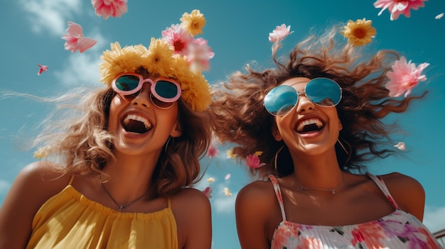 smiling women in sunglasses enjoy summer vacations